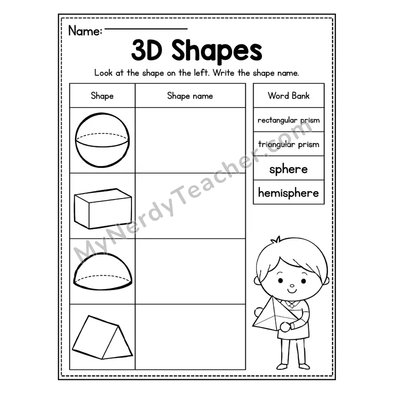 3D Shapes Worksheet — Write the Shape Name with Word Bank