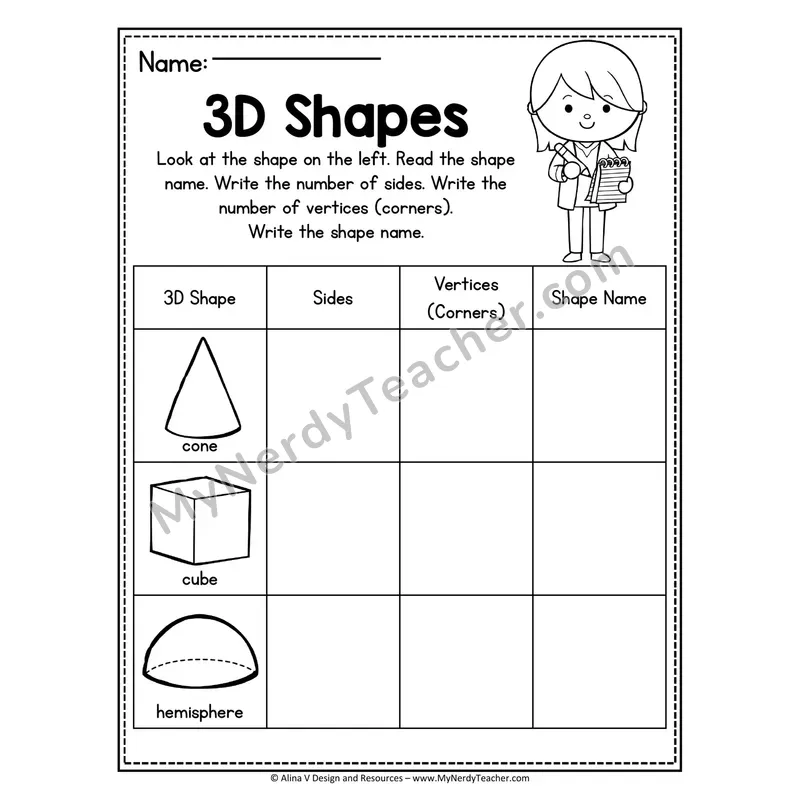 3D Shapes Worksheet — Write the Shape Name with Word Bank