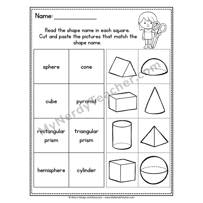 3D Shape Cut and Paste Worksheet — Match Shape Names to Pictures
