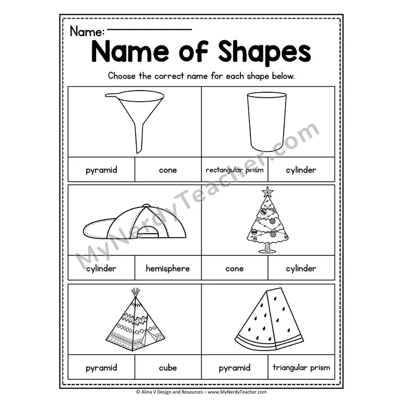 Name of 3D Shapes Worksheet — Multiple Choice Shape Identification
