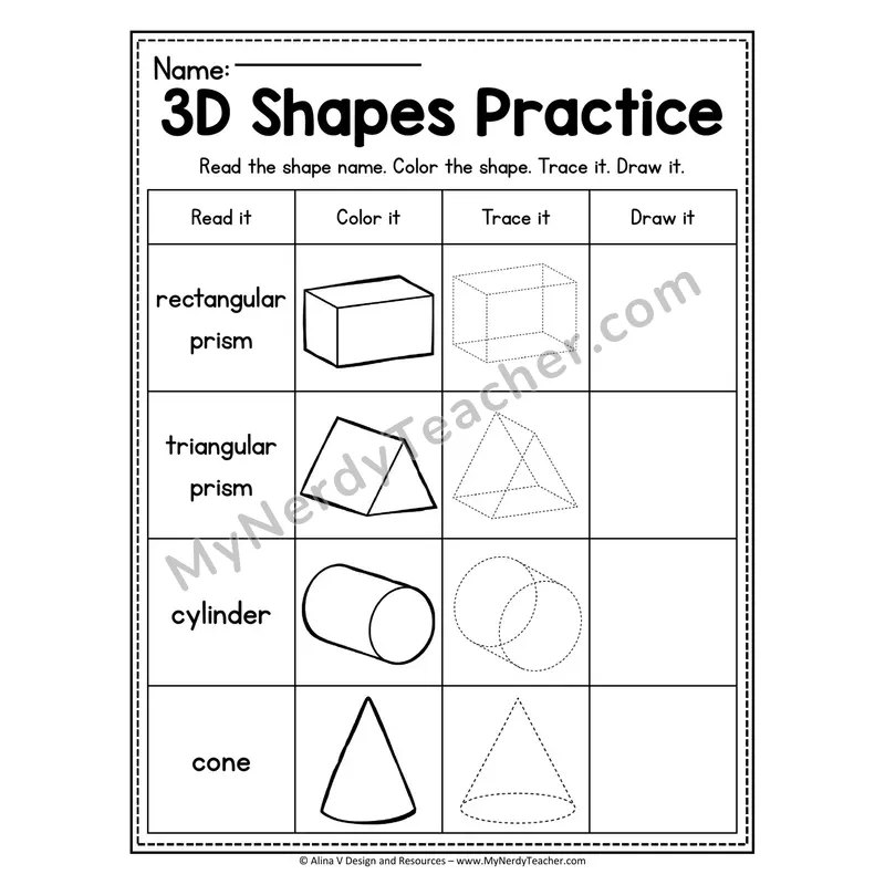 Name of 3D Shapes Worksheet — Multiple Choice Shape Identification