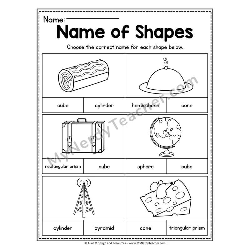 Name of 3D Shapes Worksheet — Multiple Choice Shape Identification
