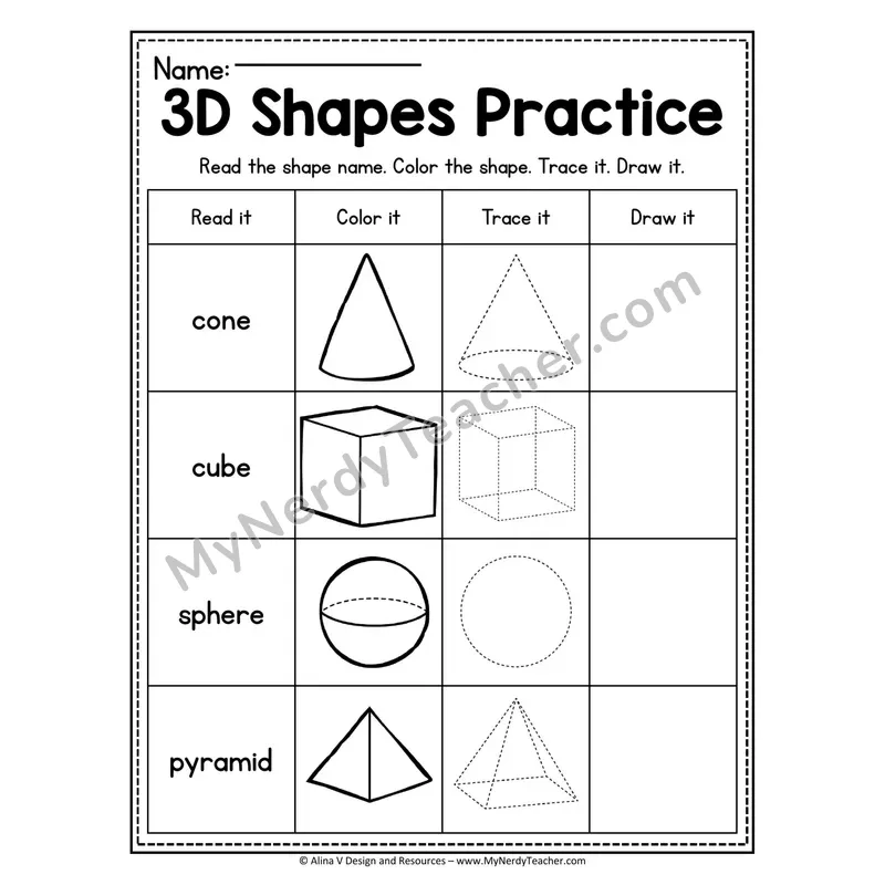 Name of 3D Shapes Worksheet — Multiple Choice Shape Identification