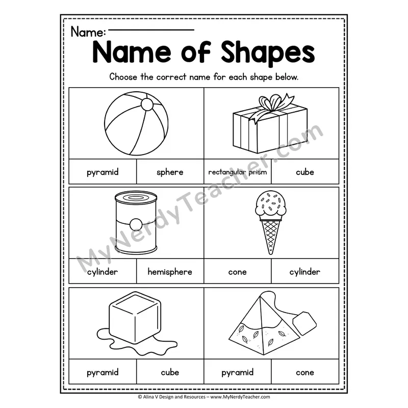 Name of 3D Shapes Worksheet — Multiple Choice Shape Identification