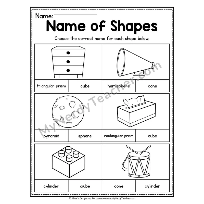Name of 3D Shapes Worksheet — Multiple Choice Shape Identification