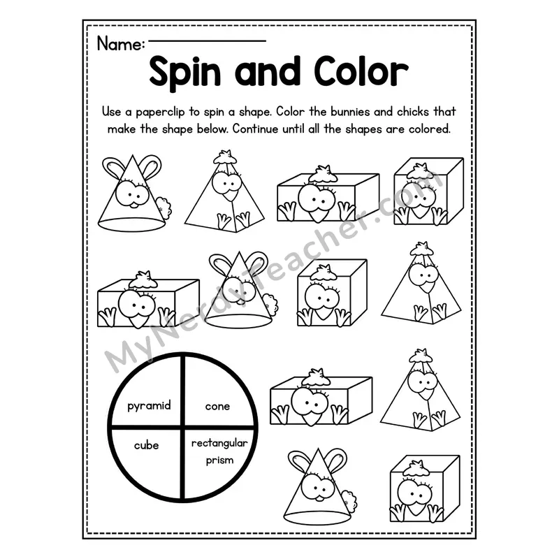 Spin and Color 3D Shapes Worksheet — Easter Bunnies and Chicks Theme