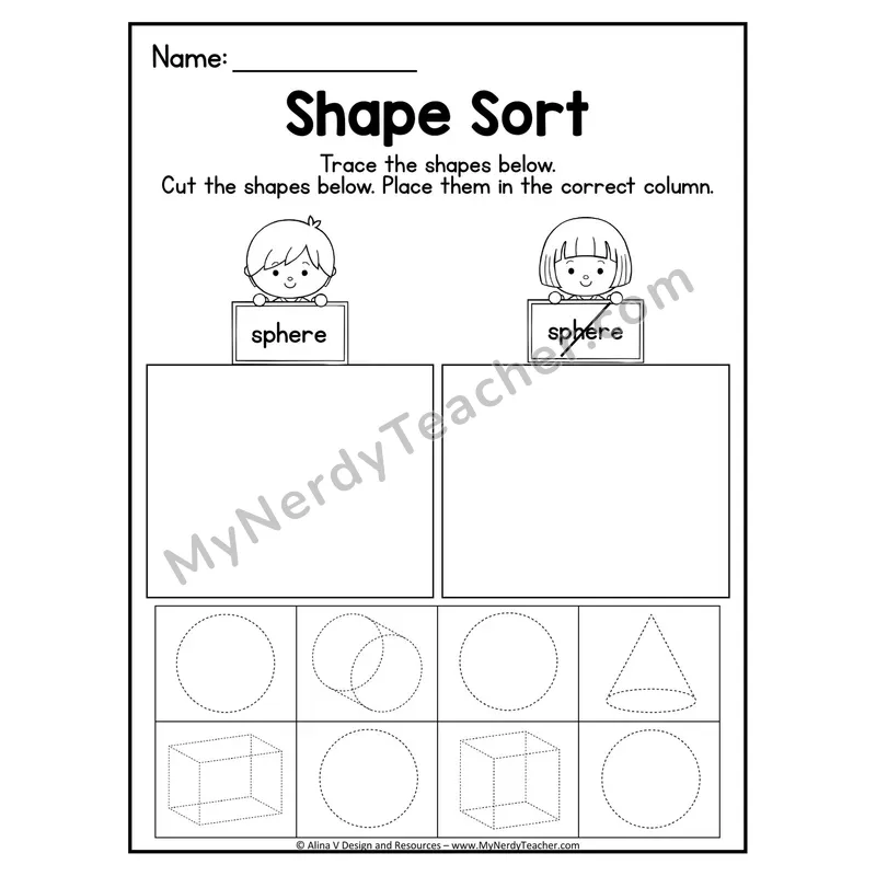 3D Shape Sort Worksheet — Trace, Cut, and Sort Hemispheres