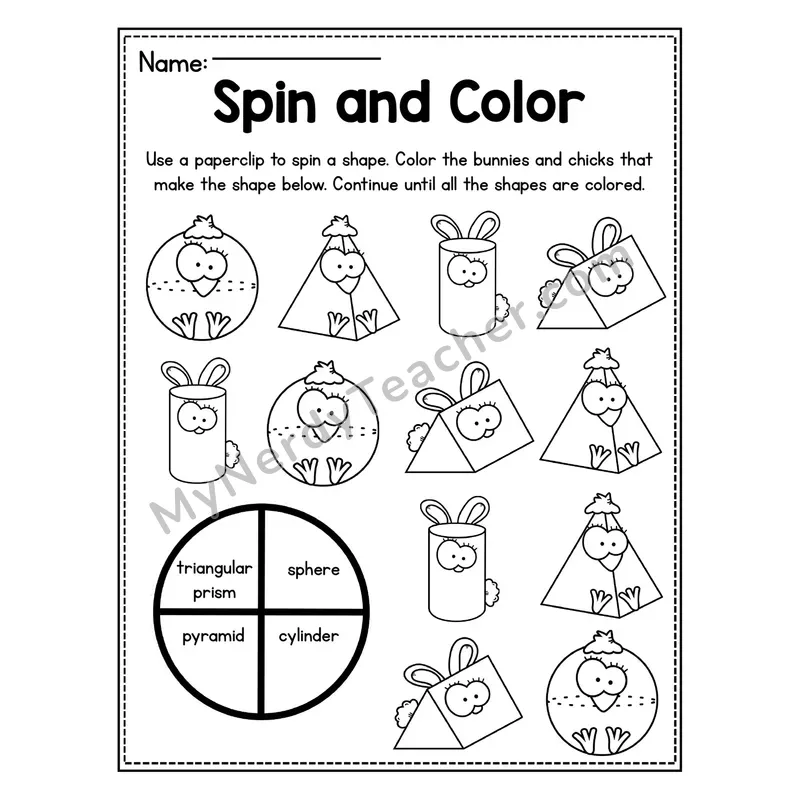 Spin and Color 3D Shapes Worksheet — Easter Bunnies and Chicks Theme
