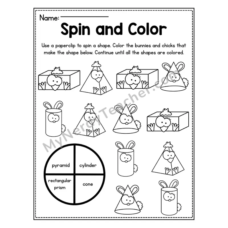 Spin and Color 3D Shapes Worksheet — Easter Bunnies and Chicks Theme