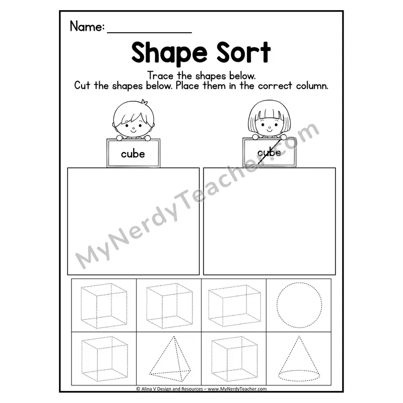 3D Shape Sort Worksheet — Trace, Cut, and Sort Cubes