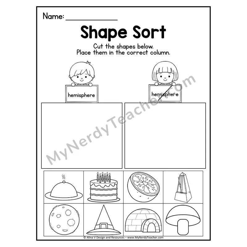 3D Shape Sort Worksheet — Cut and Paste Hemispheres in Real Life