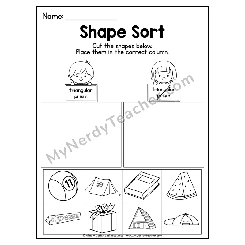 3D Shape Sort Worksheet — Cut and Paste Triangular Prisms in Real Life