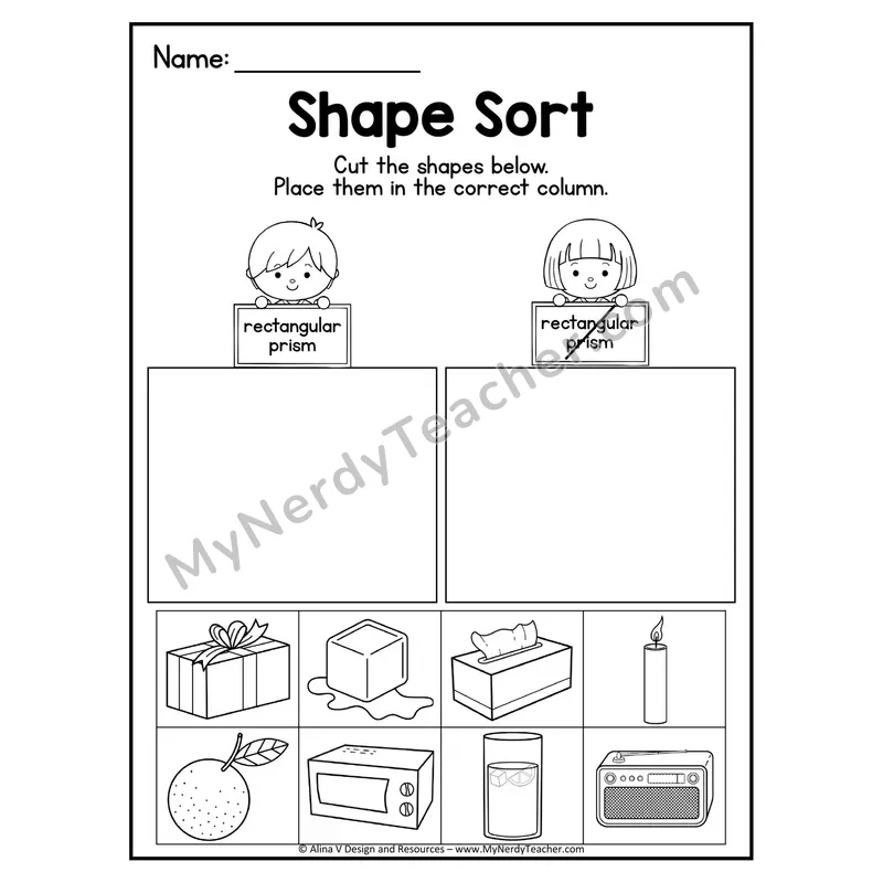 3D Shape Sort Worksheet — Cut and Paste Rectangular Prisms in Real Life