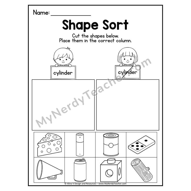 3D Shape Sort Worksheet — Cut and Paste Cylinders in Real Life
