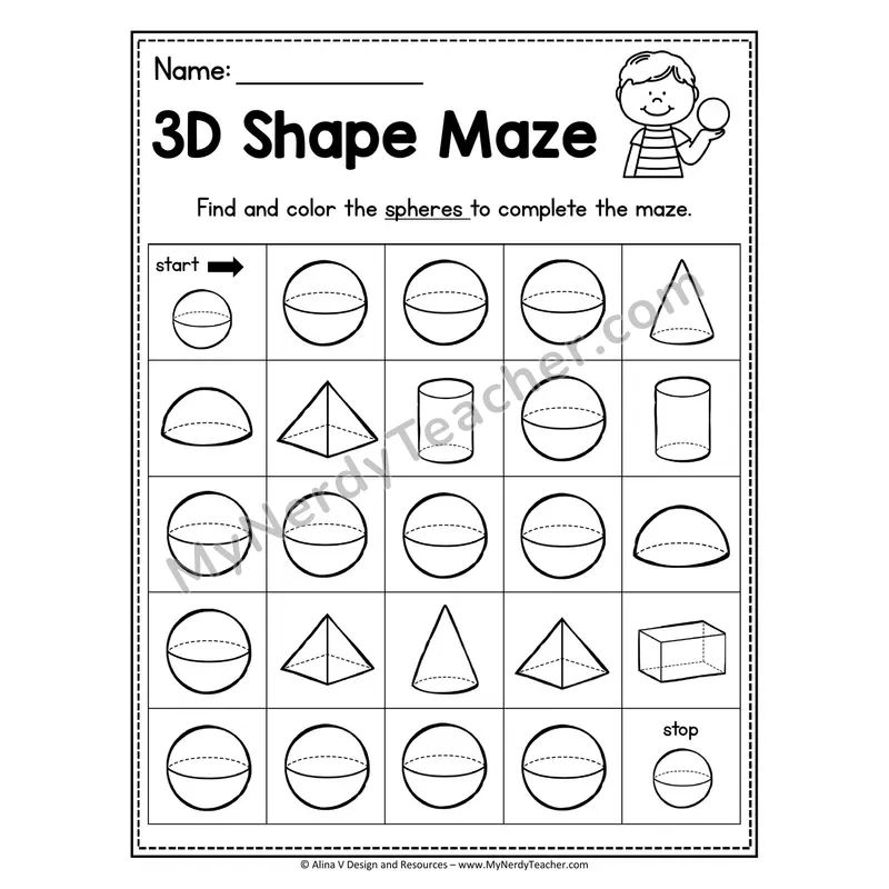 3D Shape Maze Worksheet — Find and Color the Cylinders