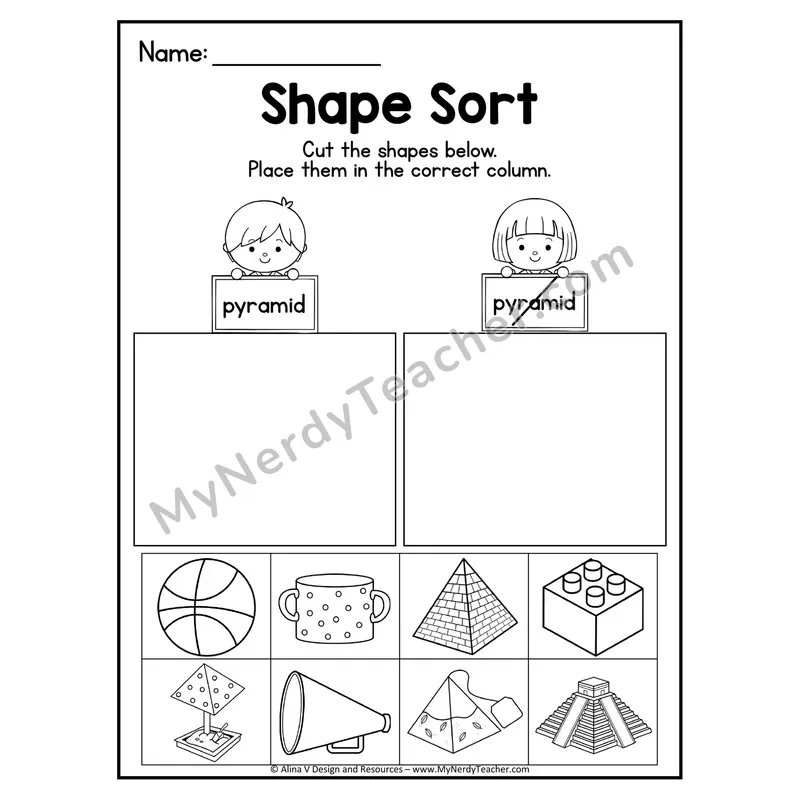 3D Shape Sort Worksheet — Cut and Paste Pyramids in Real Life