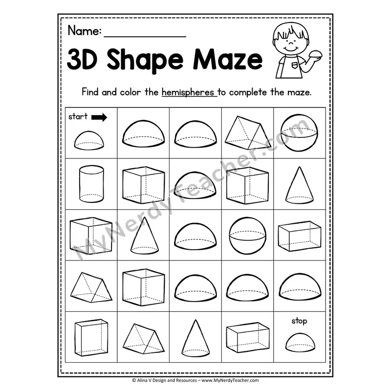 3D Shape Maze Worksheet — Find and Color the Pyramids