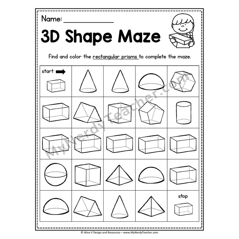 3D Shape Maze Worksheet — Find and Color the Triangular Prisms