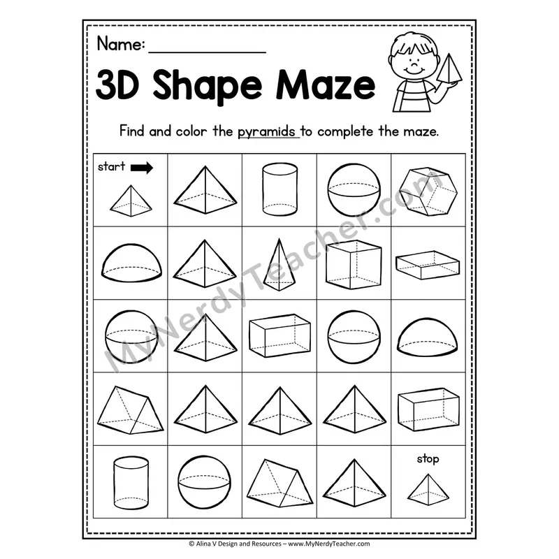 3D Shape Maze Worksheet — Find and Color the Rectangular Prisms