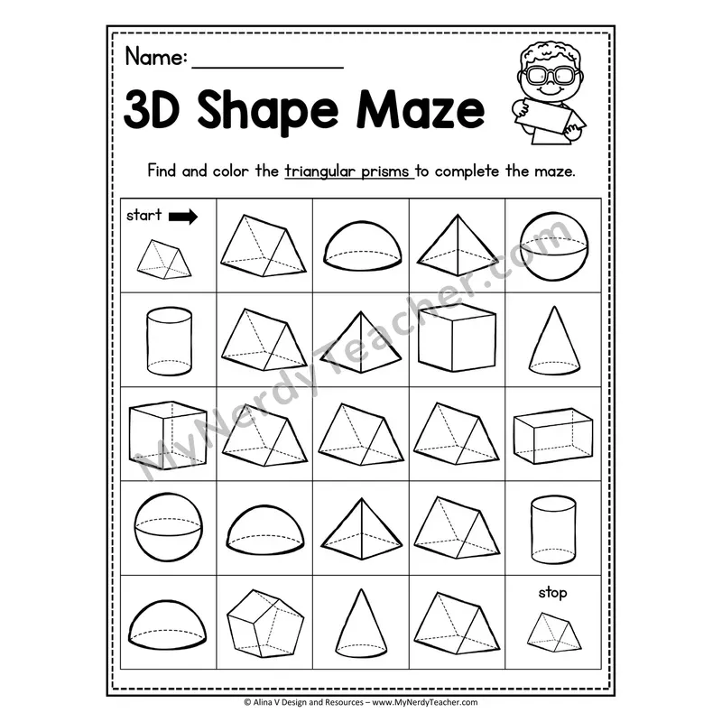 3D Shape Maze Worksheet — Find and Color the Hemispheres