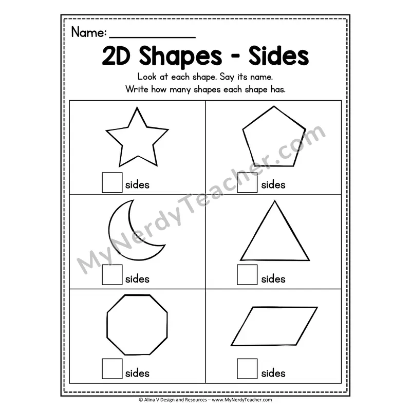 2D Shapes Worksheet — Count and Write the Number of Sides