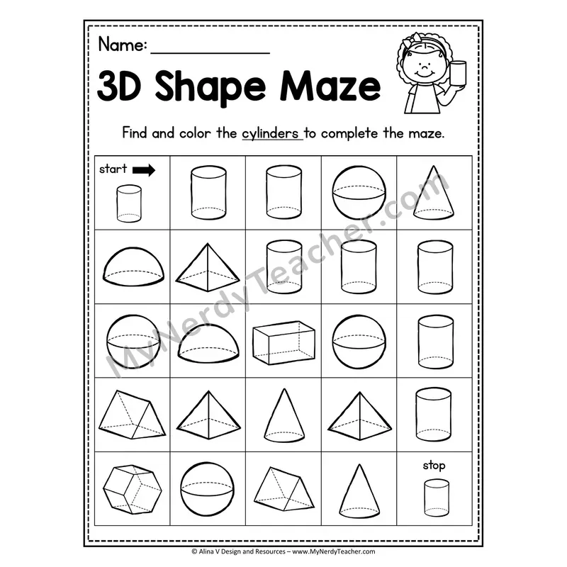 3D Shape Maze Worksheet — Find and Color the Spheres
