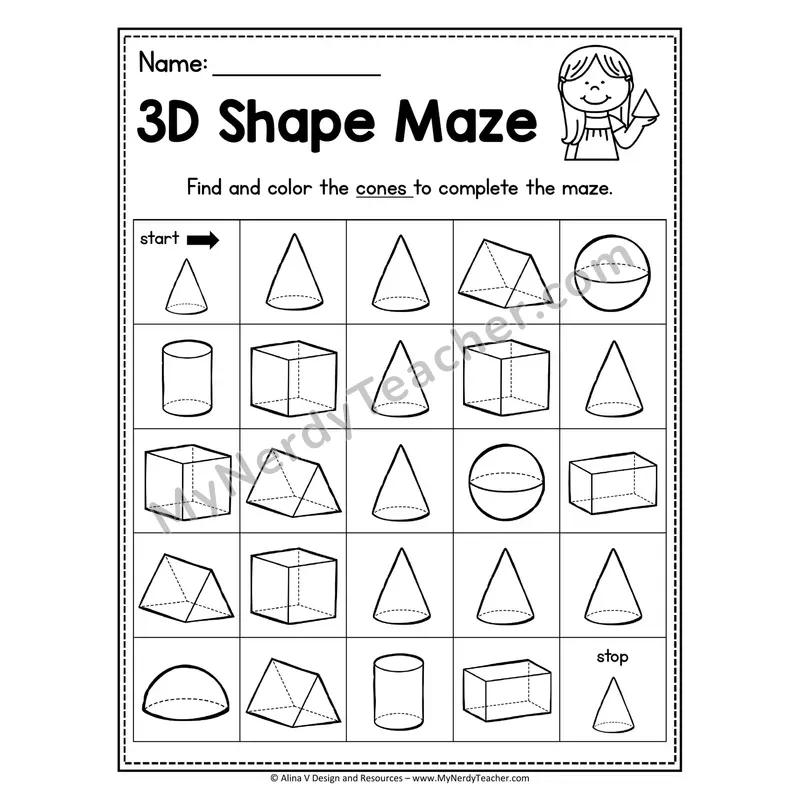 3D Shape Maze Worksheet — Find and Color the Cones