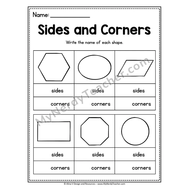 2D Shapes Worksheet — Sides and Corners (Vertices) Practice