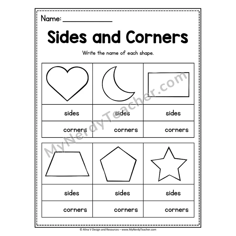 2D Shapes Worksheet — Sides and Corners (Vertices) Practice