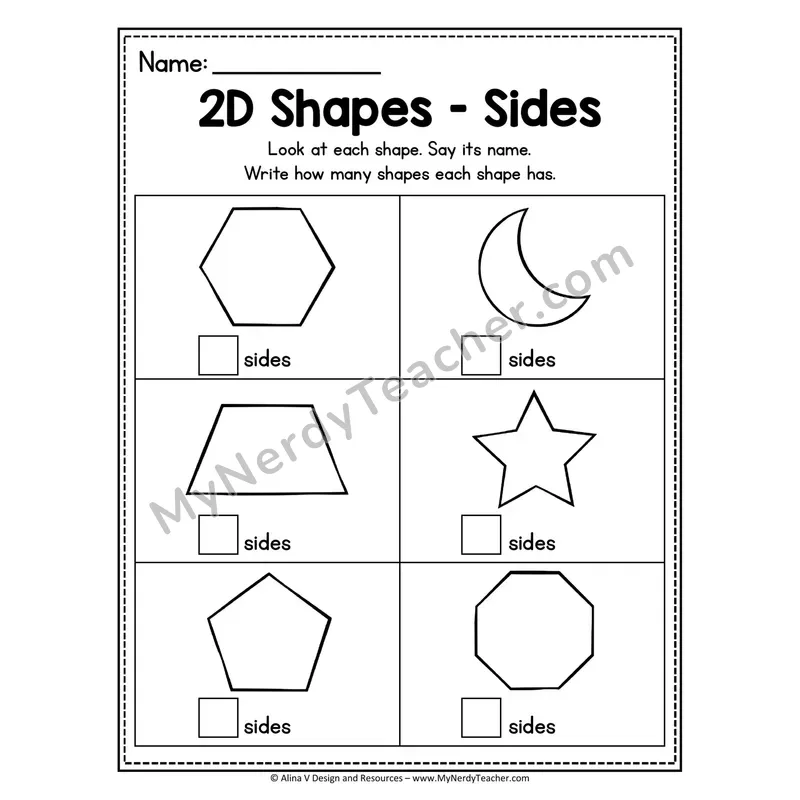 2D Shapes Worksheet — Count and Write the Number of Sides