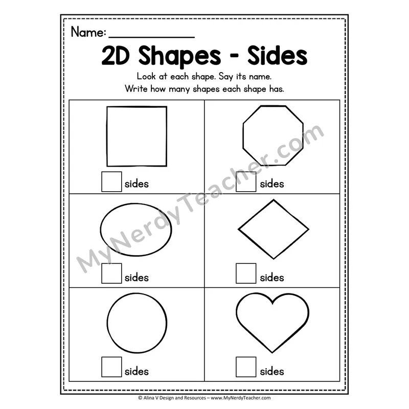 2D Shapes Worksheet — Count and Write the Number of Sides