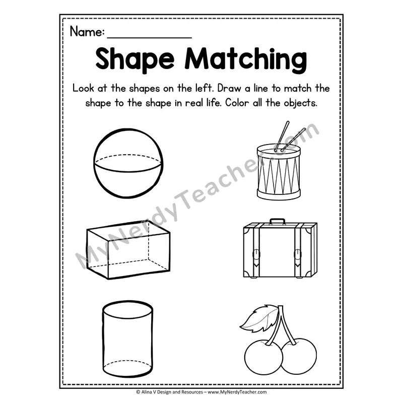 3D Shape Matching Worksheet — Draw a Line to the Real-Life Shape