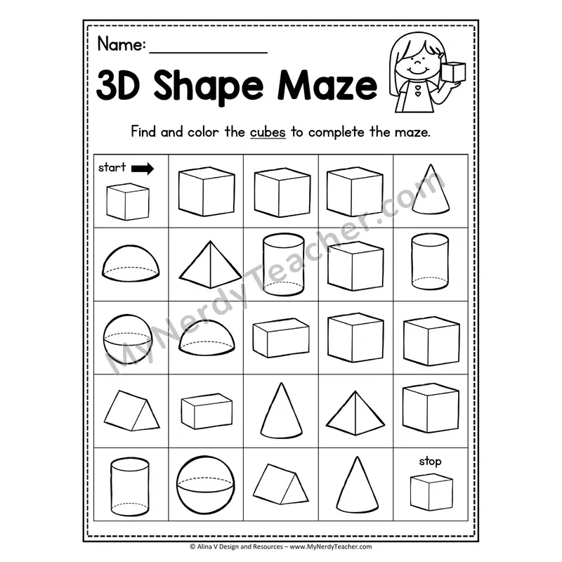 3D Shape Maze Worksheet — Find and Color the Cubes