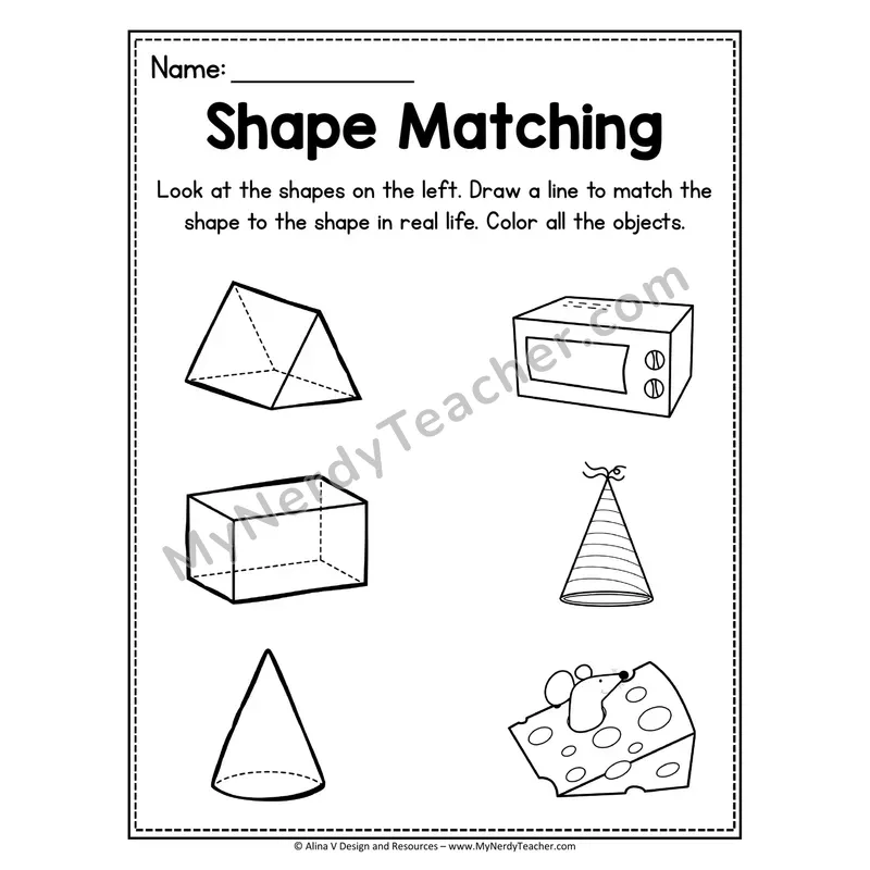 3D Shape Matching Worksheet — Draw a Line to the Real-Life Shape