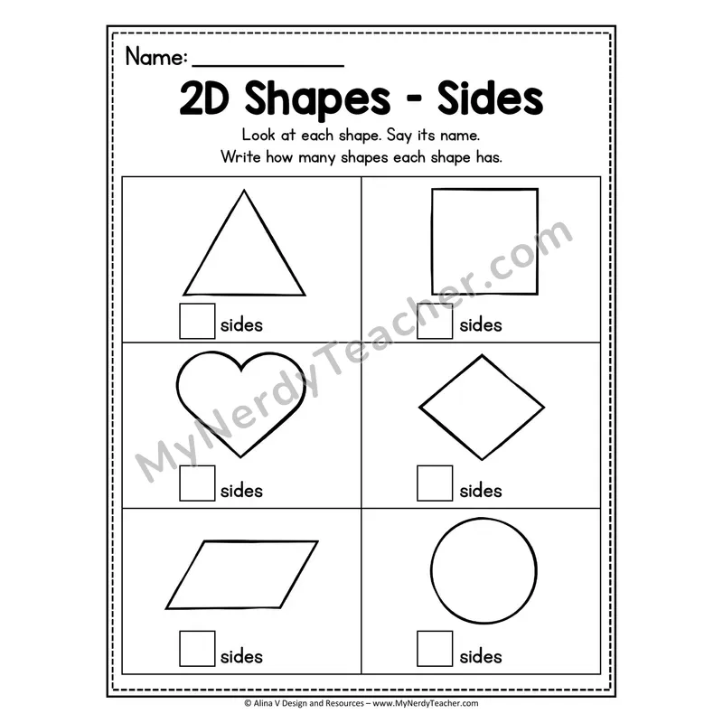 2D Shapes Worksheet — Count and Write the Number of Sides