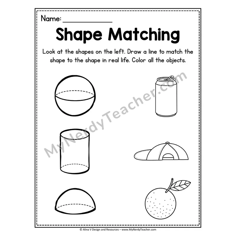 3D Shape Matching Worksheet — Draw a Line to the Real-Life Shape