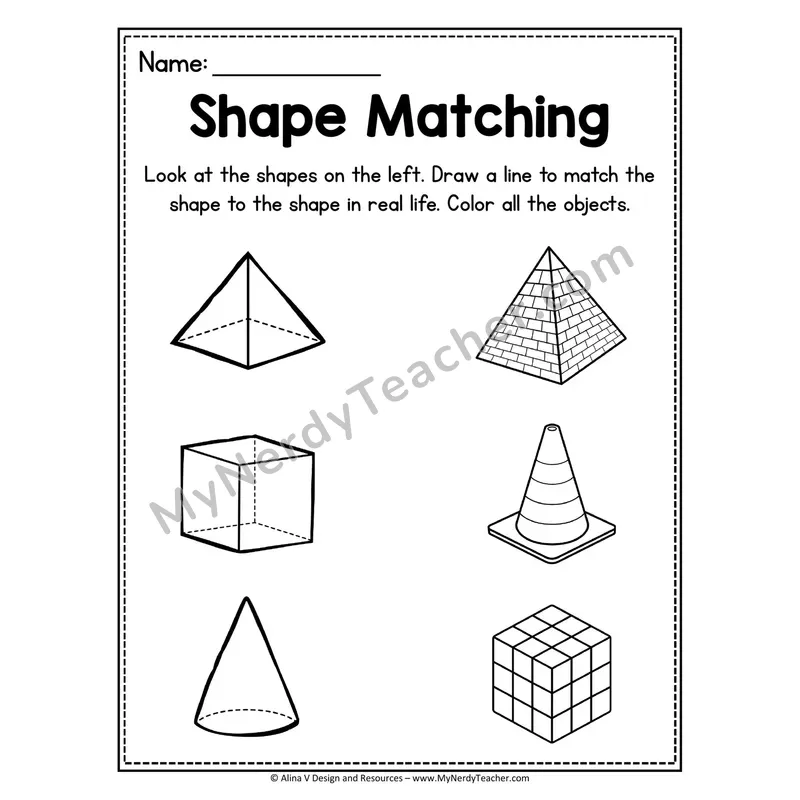 3D Shape Matching Worksheet — Draw a Line to the Real-Life Shape