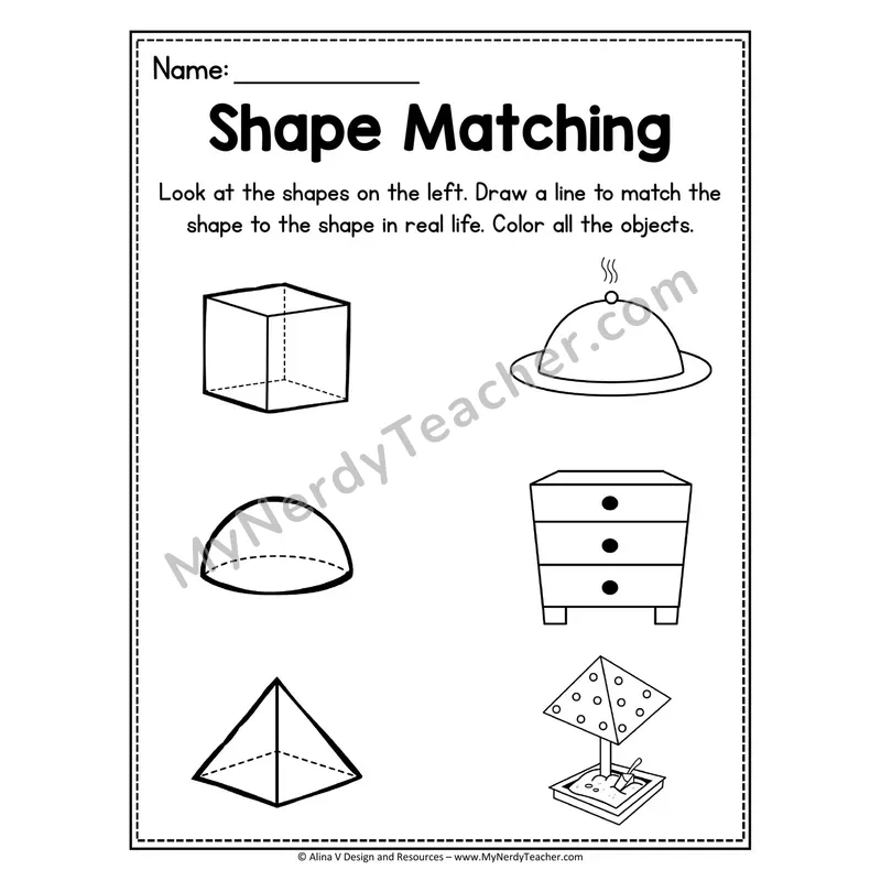 3D Shape Matching Worksheet — Draw a Line to the Real-Life Shape
