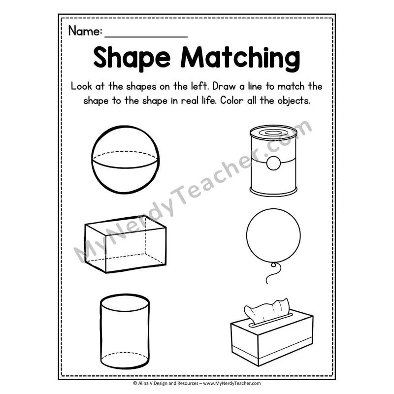 3D Shape Matching Worksheet — Draw a Line to the Real-Life Shape