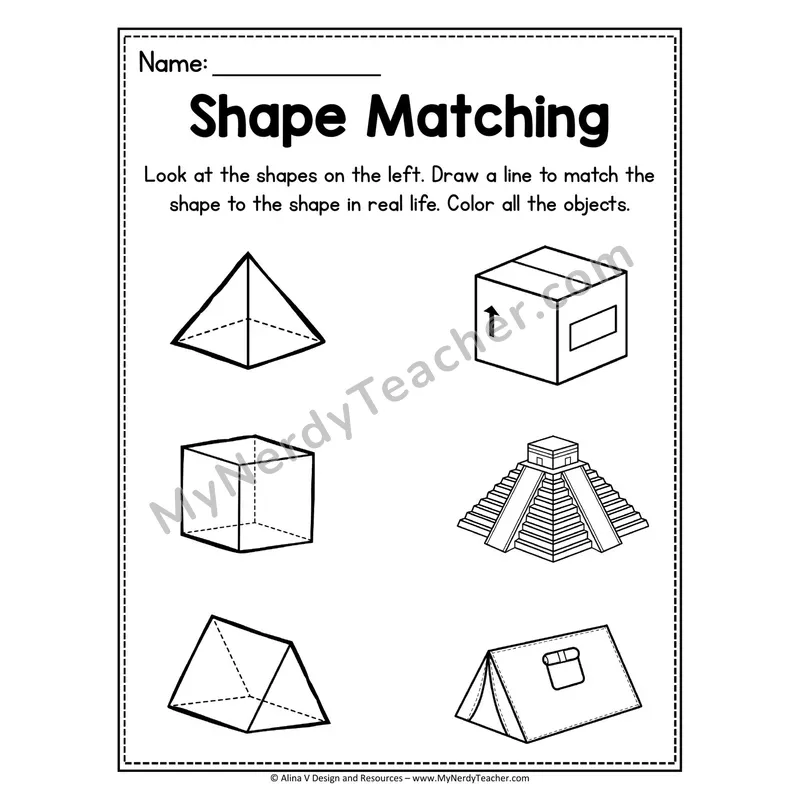 3D Shape Matching Worksheet — Draw a Line to the Real-Life Shape