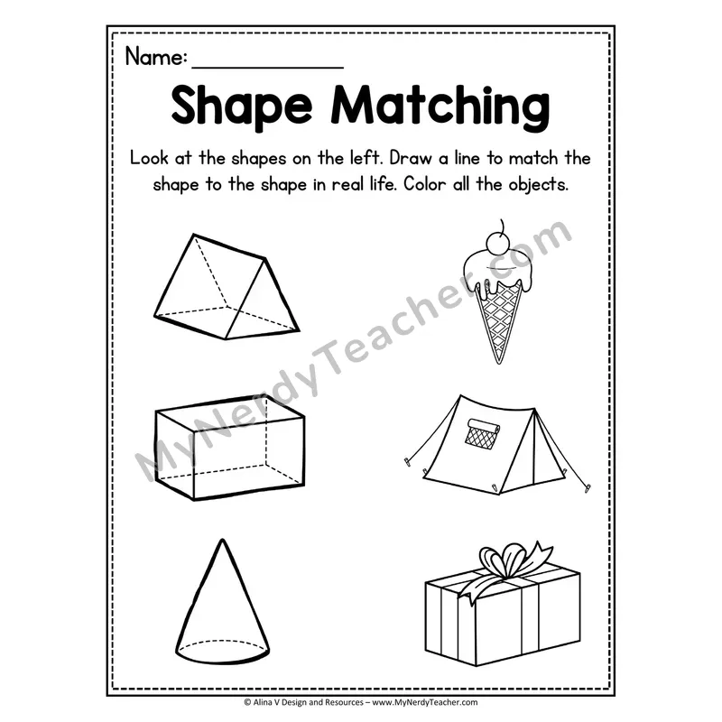 3D Shape Matching Worksheet — Draw a Line to the Real-Life Shape