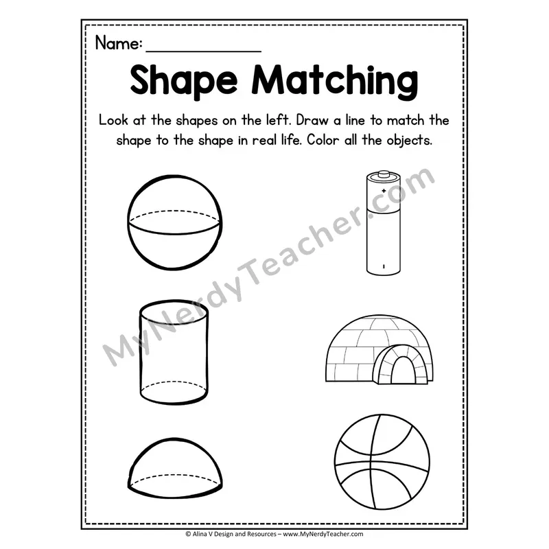 3D Shape Matching Worksheet — Draw a Line to the Real-Life Shape