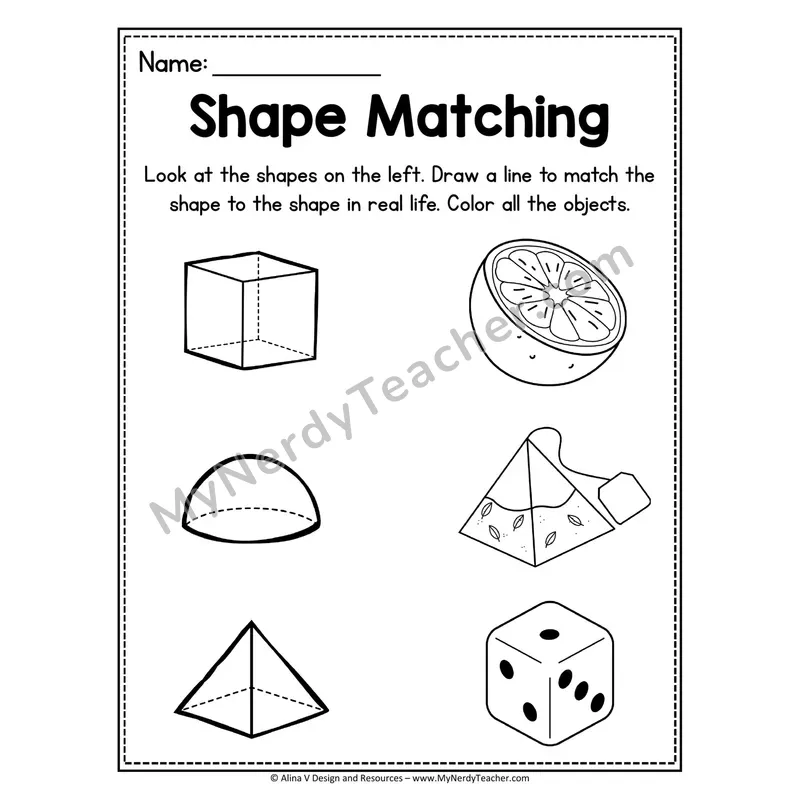 3D Shape Matching Worksheet — Draw a Line to the Real-Life Shape