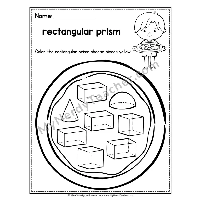 3D Shape Pizza Worksheet — Color the Rectangular Prism Cheese Pieces