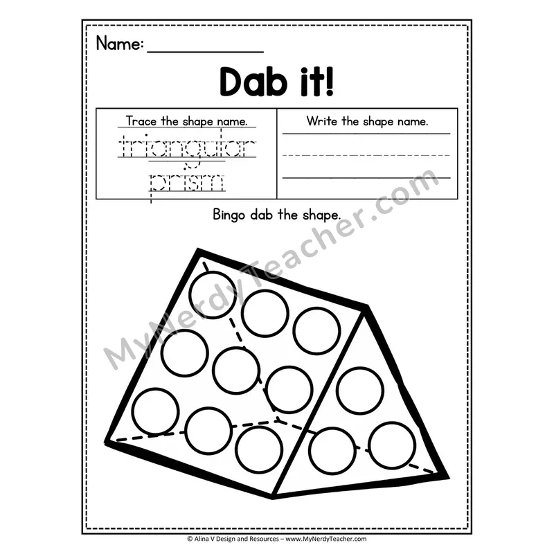 Dab it! 3D Shape Worksheet — Bingo Dab the Triangular Prism