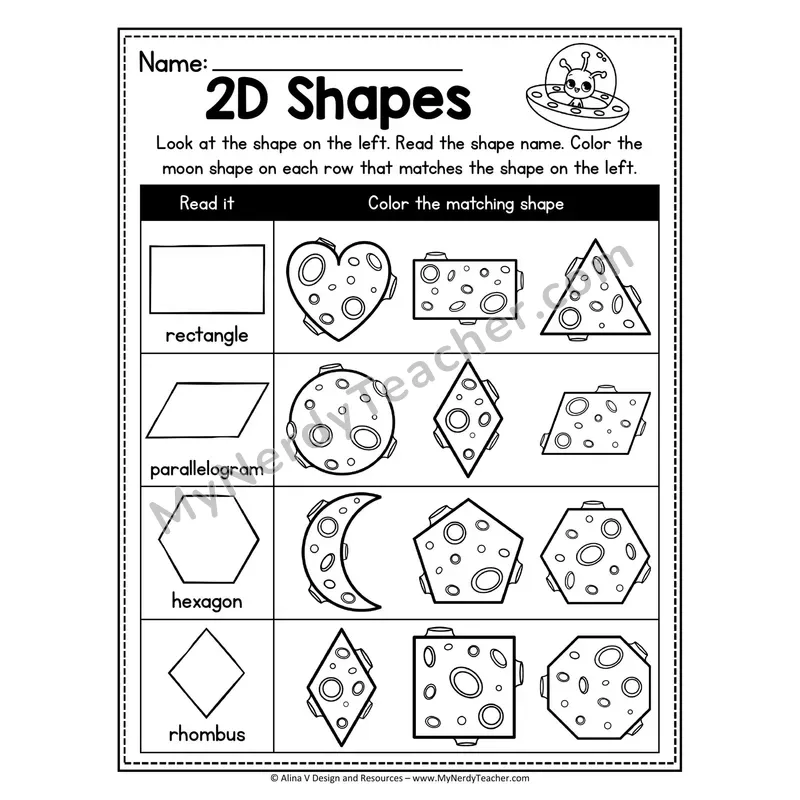 2D Shapes Worksheet — Read and Color Matching Moon Shape (Space Theme)