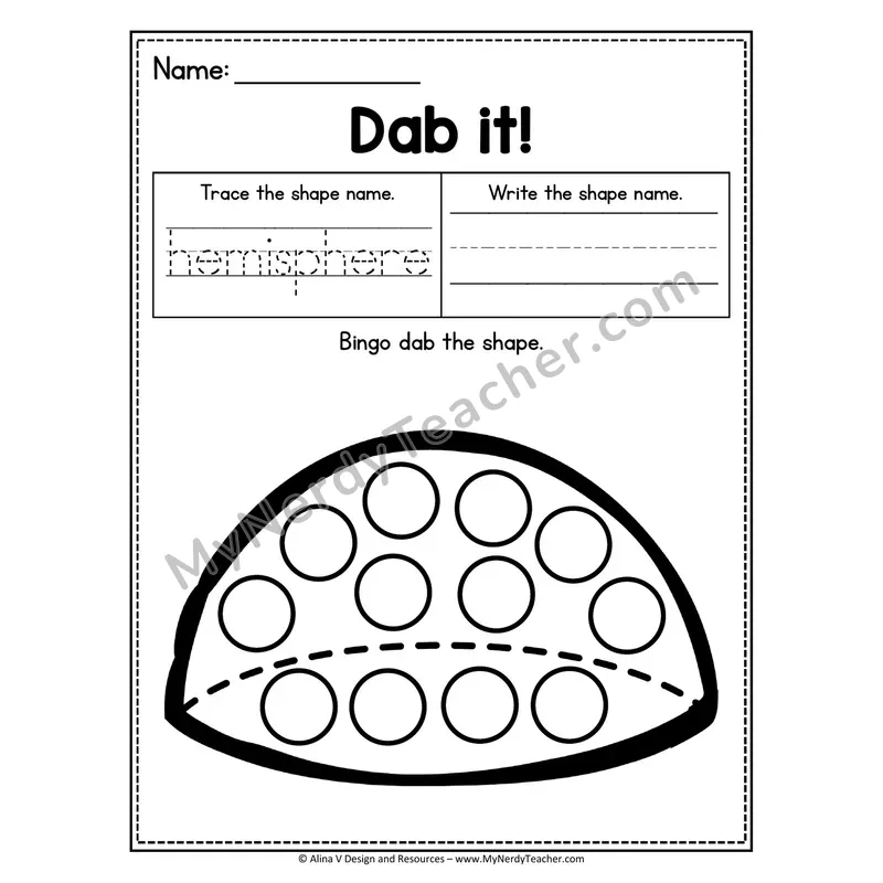 Dab it! 3D Shape Worksheet — Bingo Dab the Hemisphere