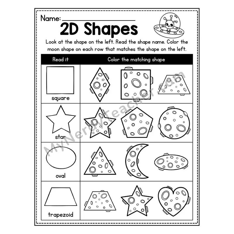2D Shapes Worksheet — Read and Color Matching Moon Shape (Space Theme)