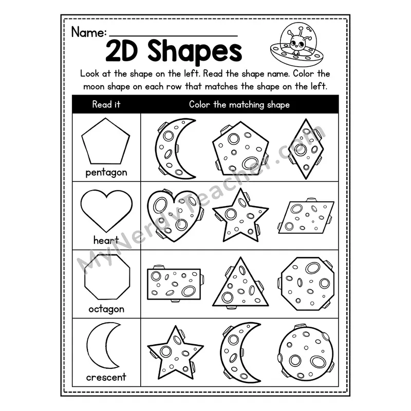 2D Shapes Worksheet — Read and Color Matching Moon Shape (Space Theme)