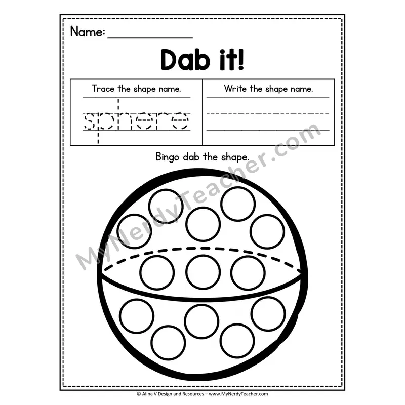 Dab it! 3D Shape Worksheet — Bingo Dab the Sphere